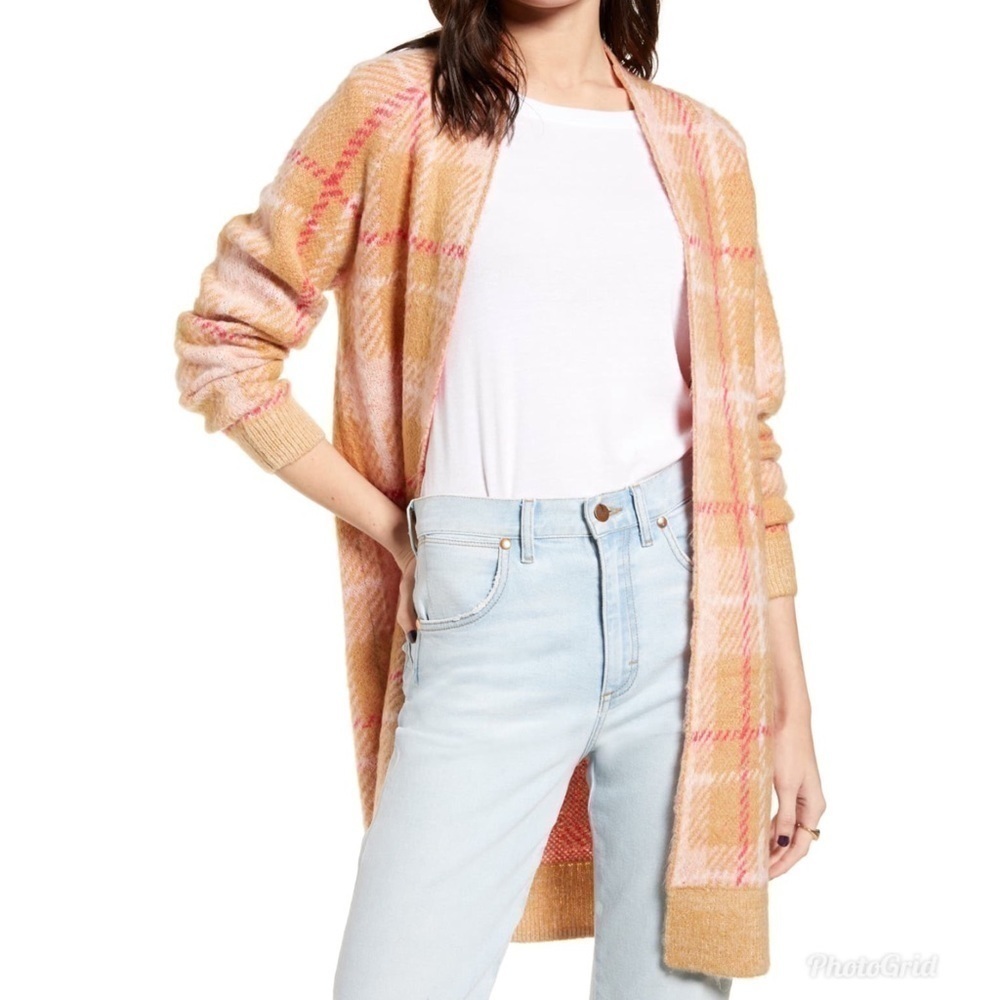 BP Beige Dapper Plaid Long Cardigan Sweater Open Front XS New Cozy